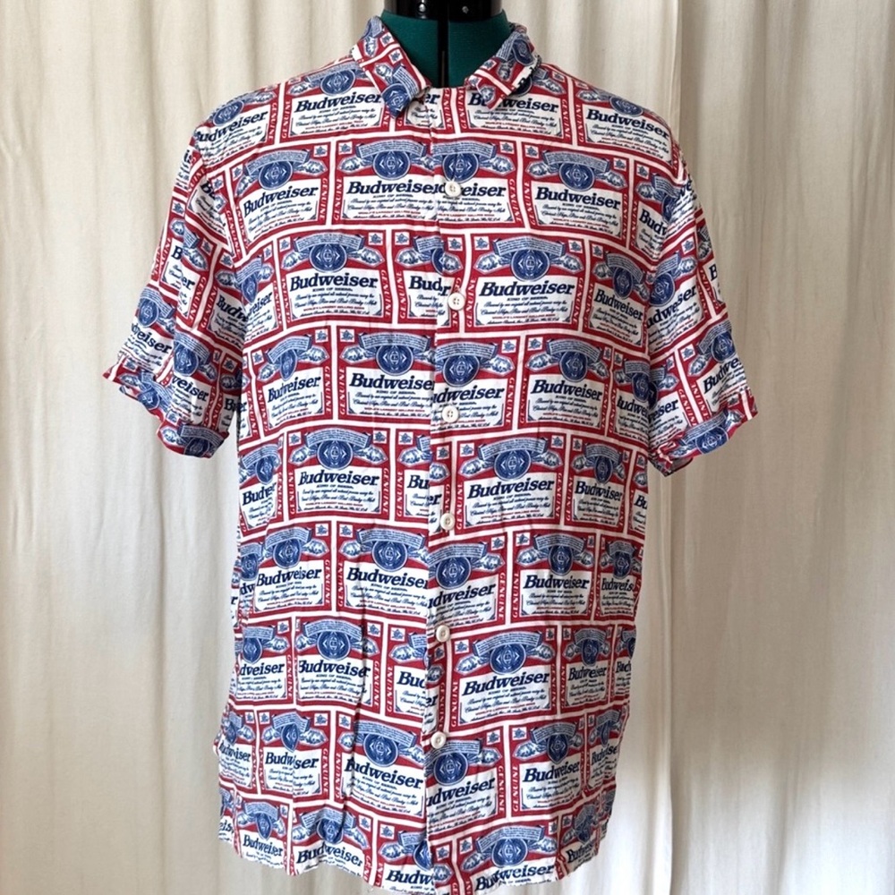 Budweiser Men's Red and Blue Logo Shirt by PacSun Size M